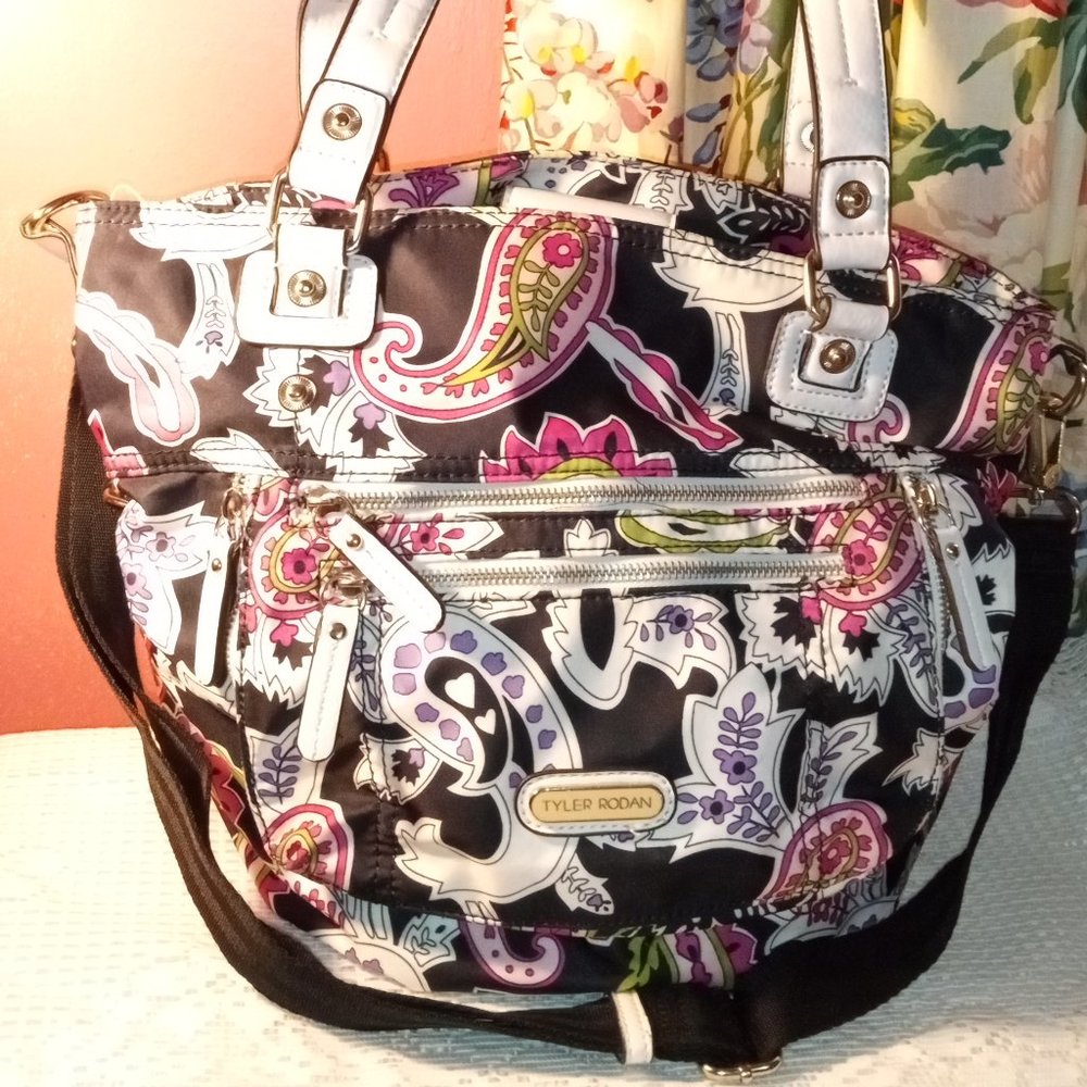 PINK A/ BLACK FLORAL TYLER RODAN LARGE HANDBAG W/ MANY ZIPPERS & CROSSBODY STRAP